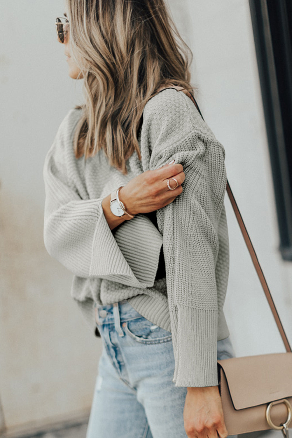 Textured Knit Split Cuff Drop Shoulder Loose Sweater