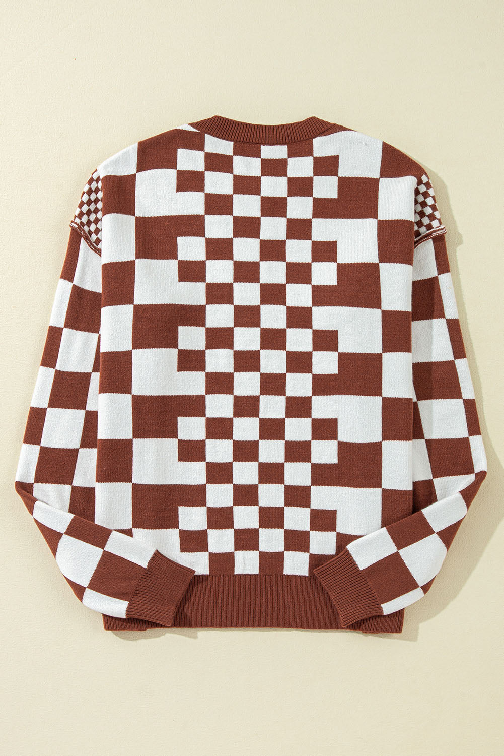 Checkered Drop Shoulder Round Neck Sweater