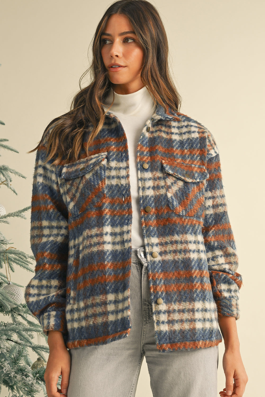 Plaid Print Chest Pockets Turn Down Collar Shacket