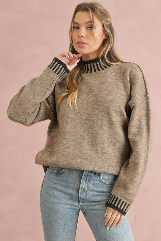 Pale Khaki Contrast Trim Mock Neck Drop Shoulder Sweater