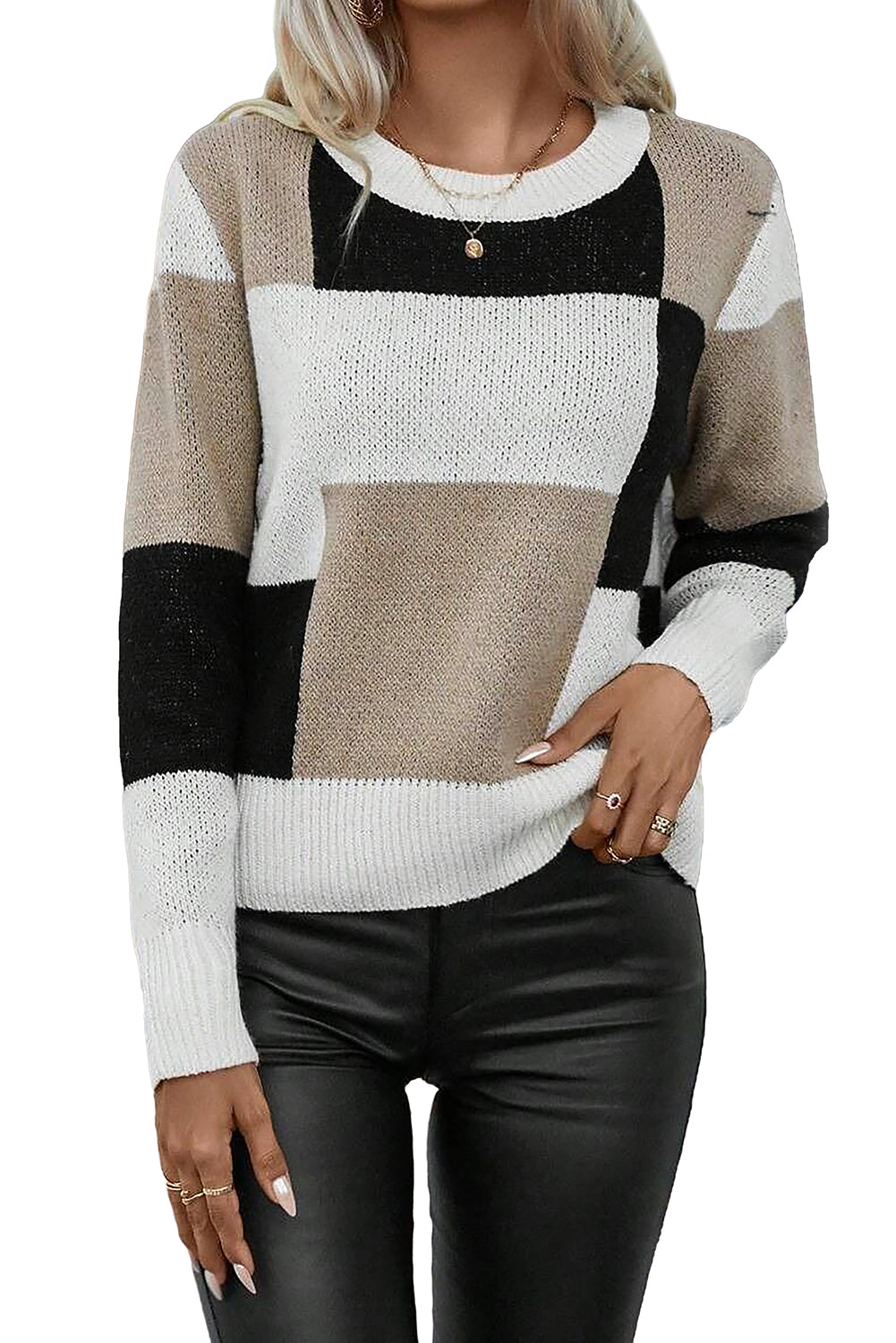 Black Checkered Colourblock Round Neck Knit Sweater