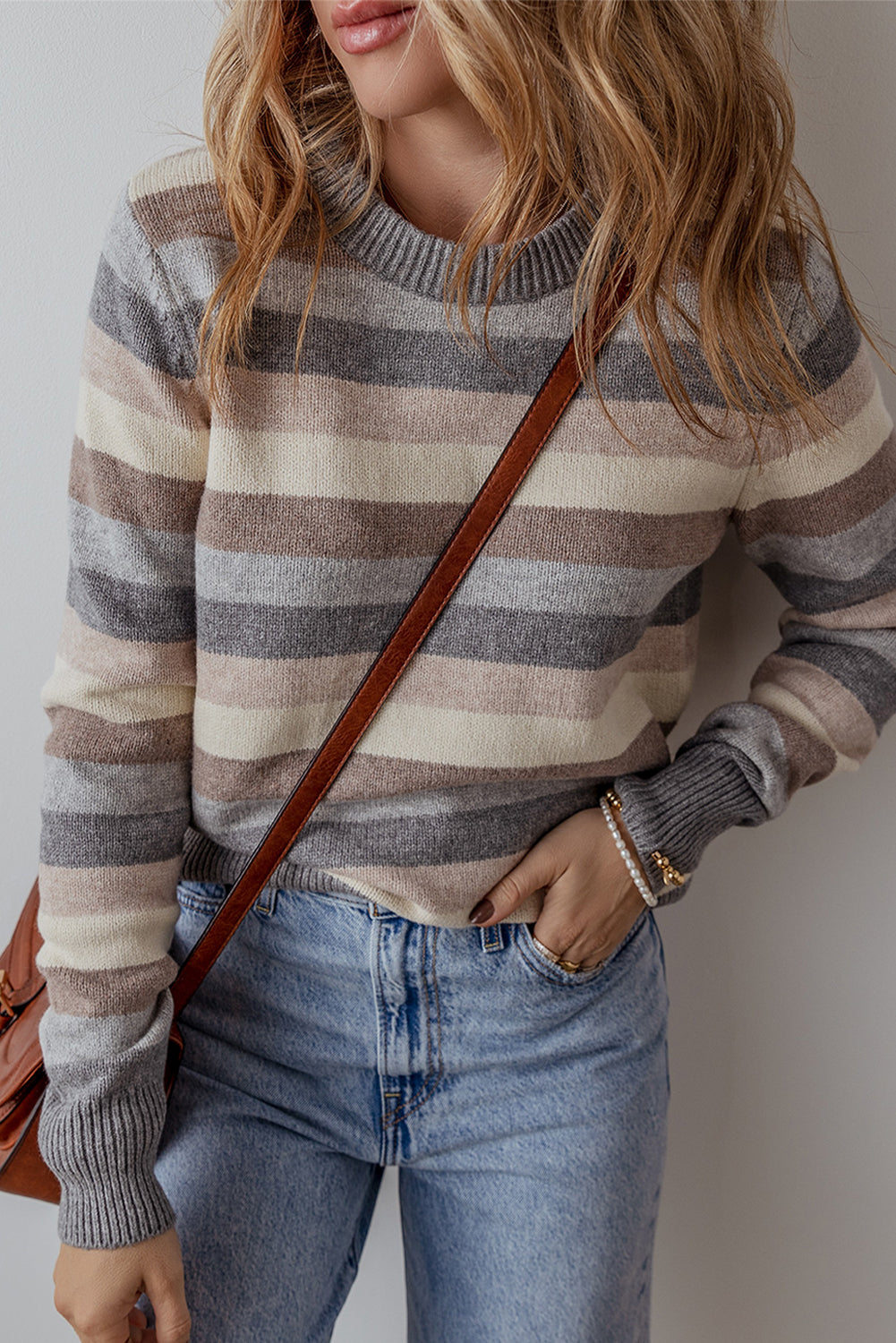 Grey Striped Ribbed Edge Round Neck Sweater