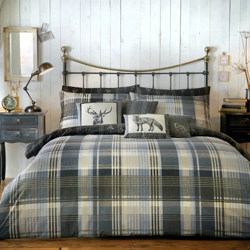 Connolly Check - 100% Brushed Cotton Checked Duvet Set in Charcoal - by D&D Lodge