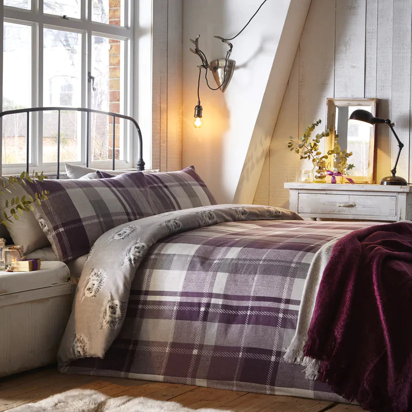 Colville Check Plum 100% Brushed Cotton Checked Duvet Set by D&D Lodge