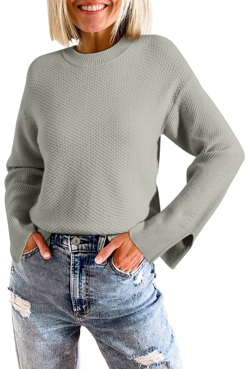 Textured Knit Split Cuff Drop Shoulder Loose Sweater