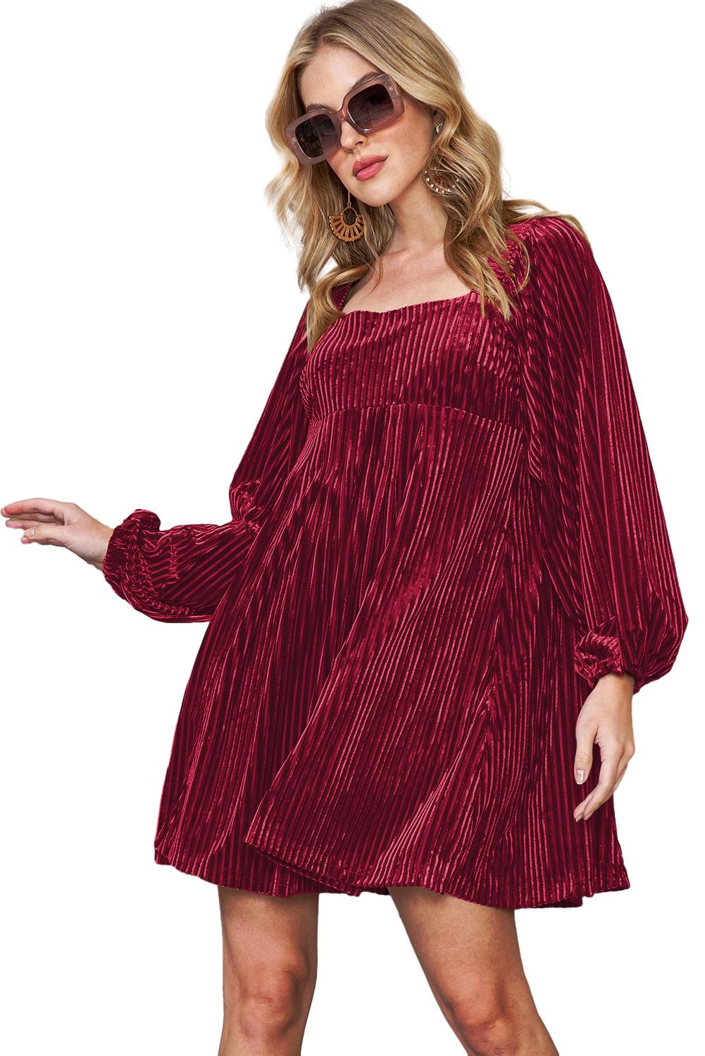 Square Neck Tie Back Ribbed Velvet Babydoll Dress