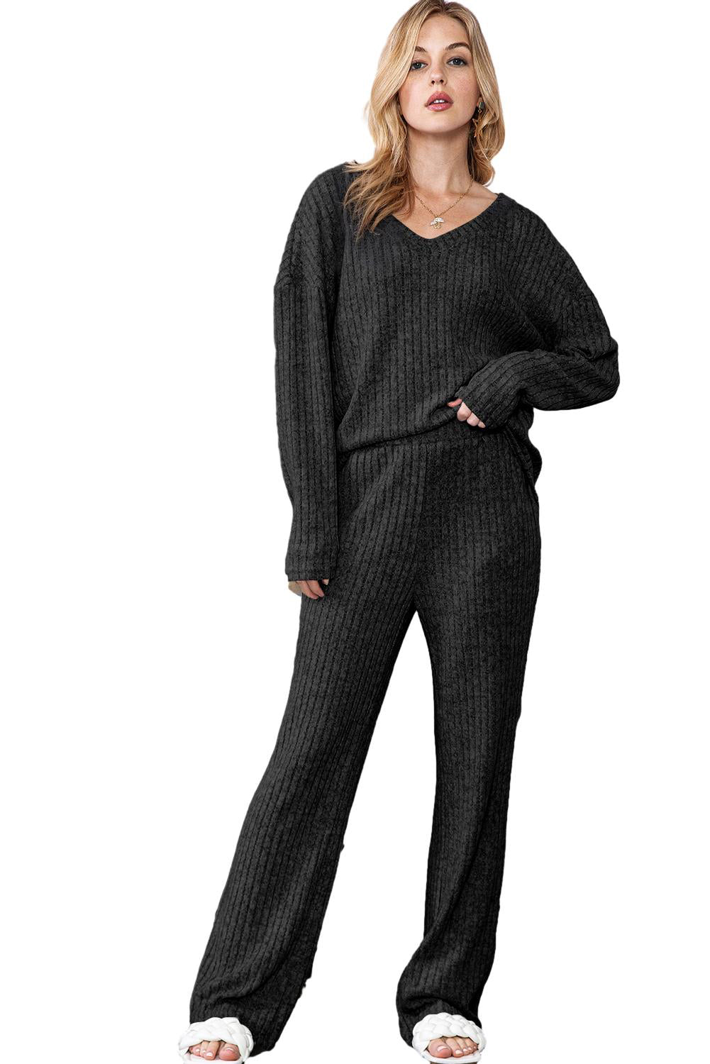 Slouchy Ribbed Knit V Neck Top & Pants Loungewear Set