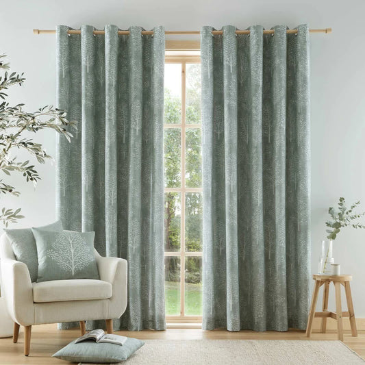 Sage Green Alder Trees Lined Eyelet Curtains - Catherine Lansfield