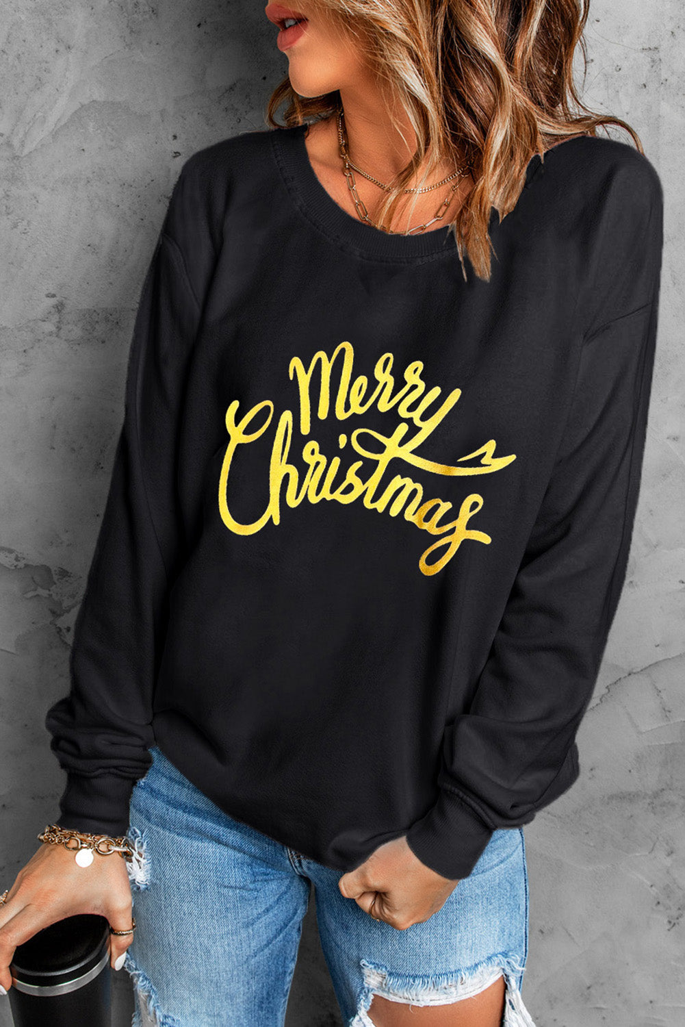 Black Merry Christmas Letter Graphic Sweatshirt