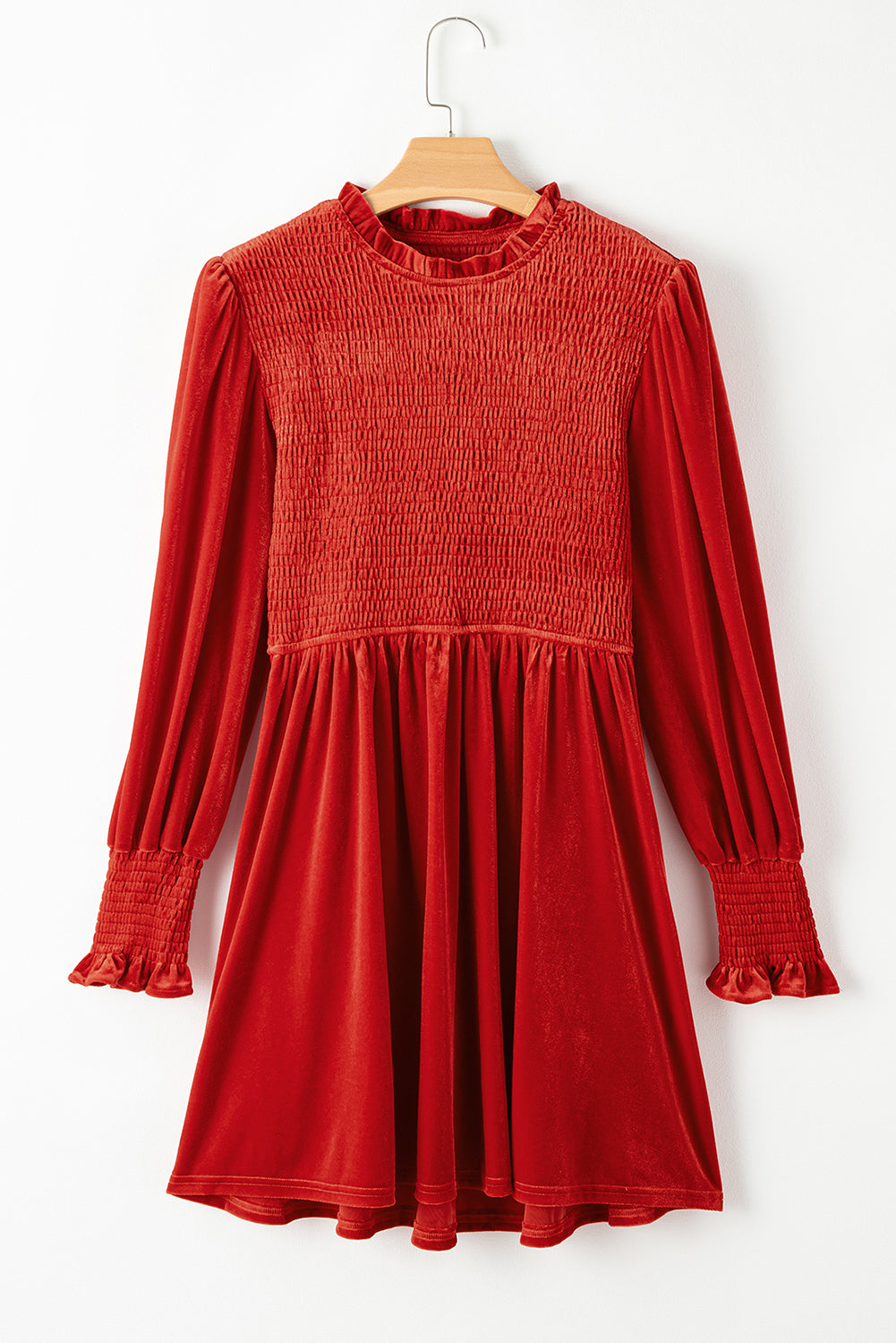 Smocked Lantern Sleeve Frilled Velvet Dress