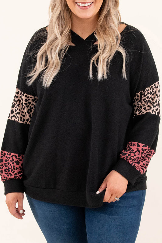 Black Plus Size Leopard Patchwork Strappy Neck Top