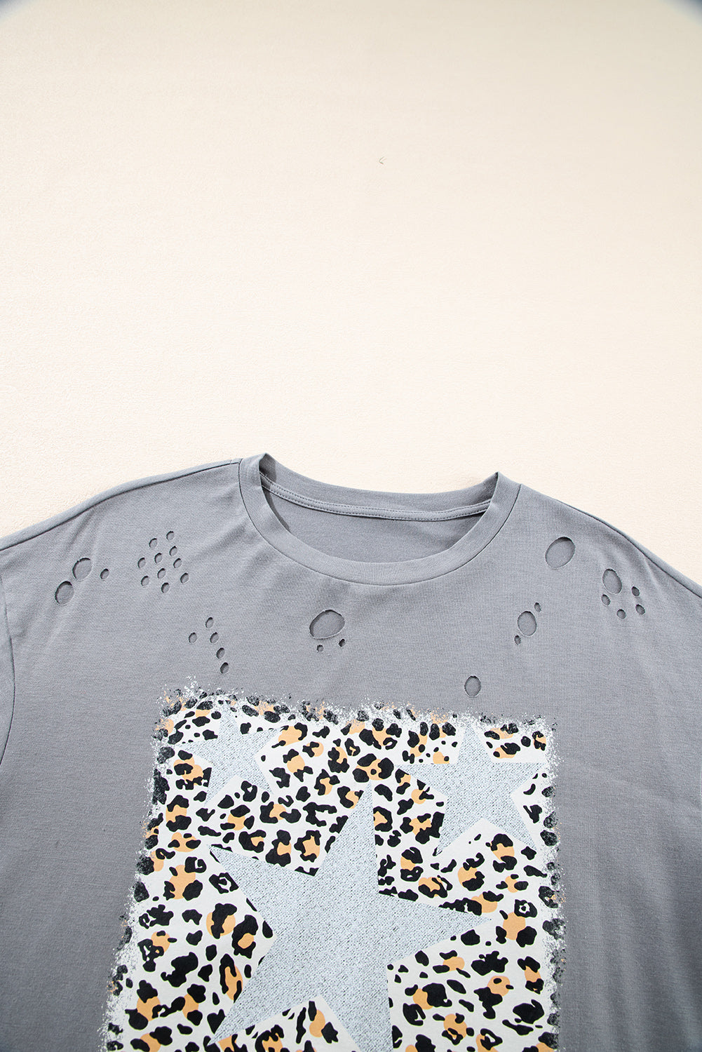 Medium Grey Stars Leopard Graphic Ripped Distressed Tee