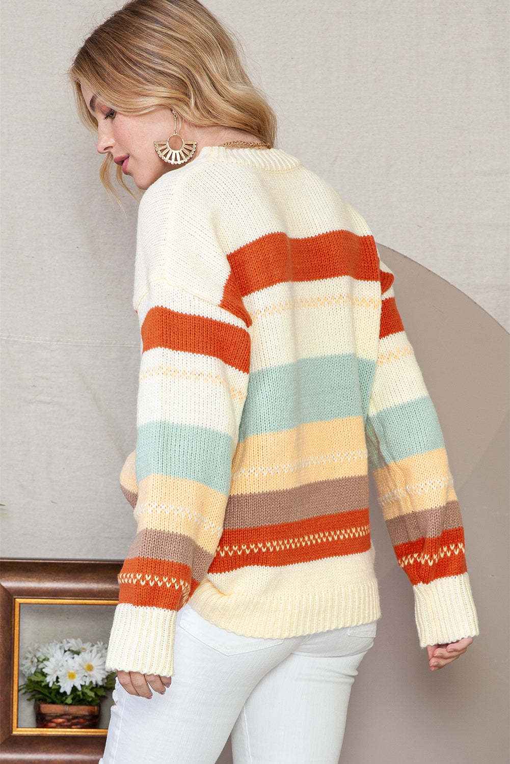 White Striped Color Block Drop Shoulder Knit Sweater