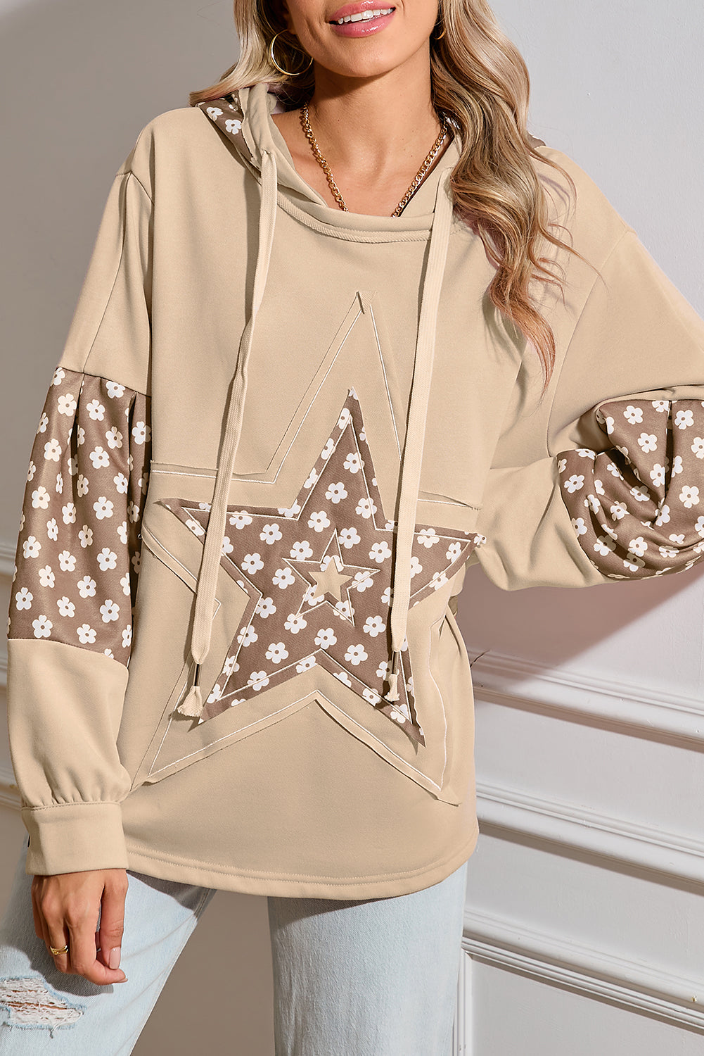 Floral Patchwork Star Pattern Drawstring Hoodie