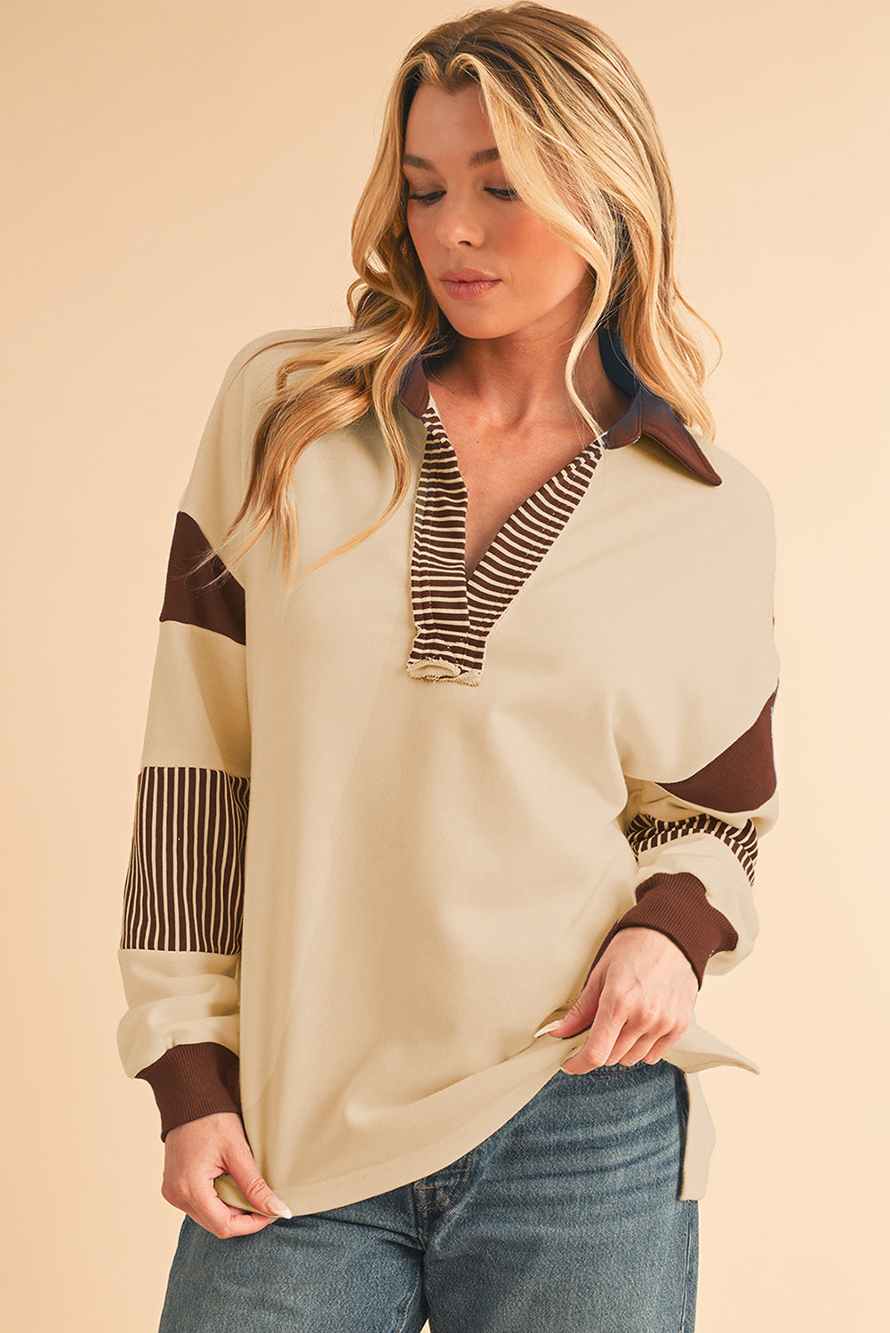 Striped Patchwork Collar Sweatshirt