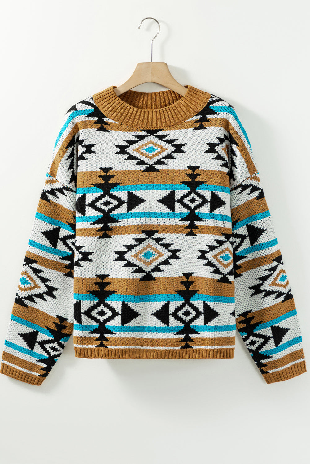 Brown Geometric Striped Knit Ribbed Trim Sweater