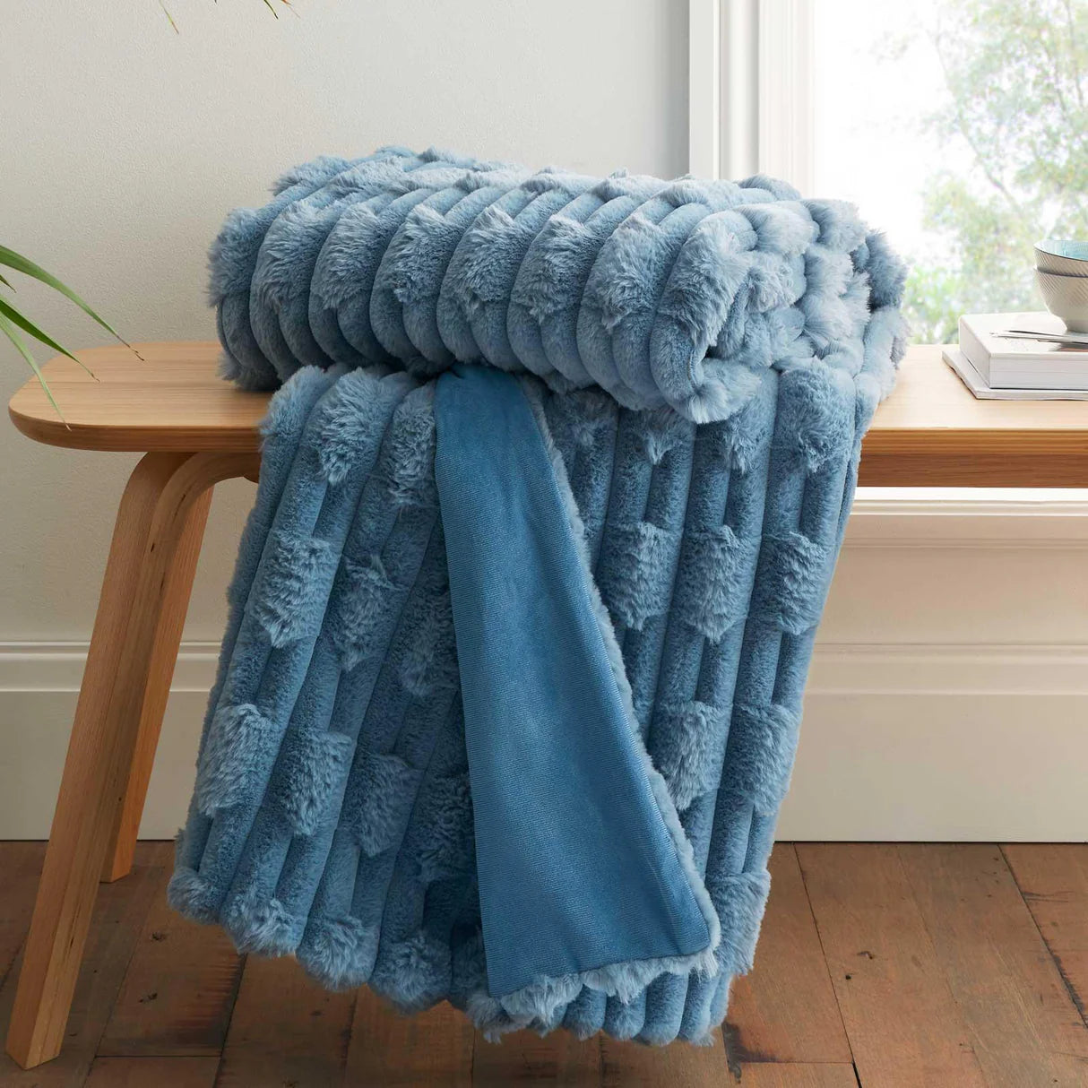 Bianca So Soft Carved Faux Fur 150 x 200cm Blanket Throw in Blue