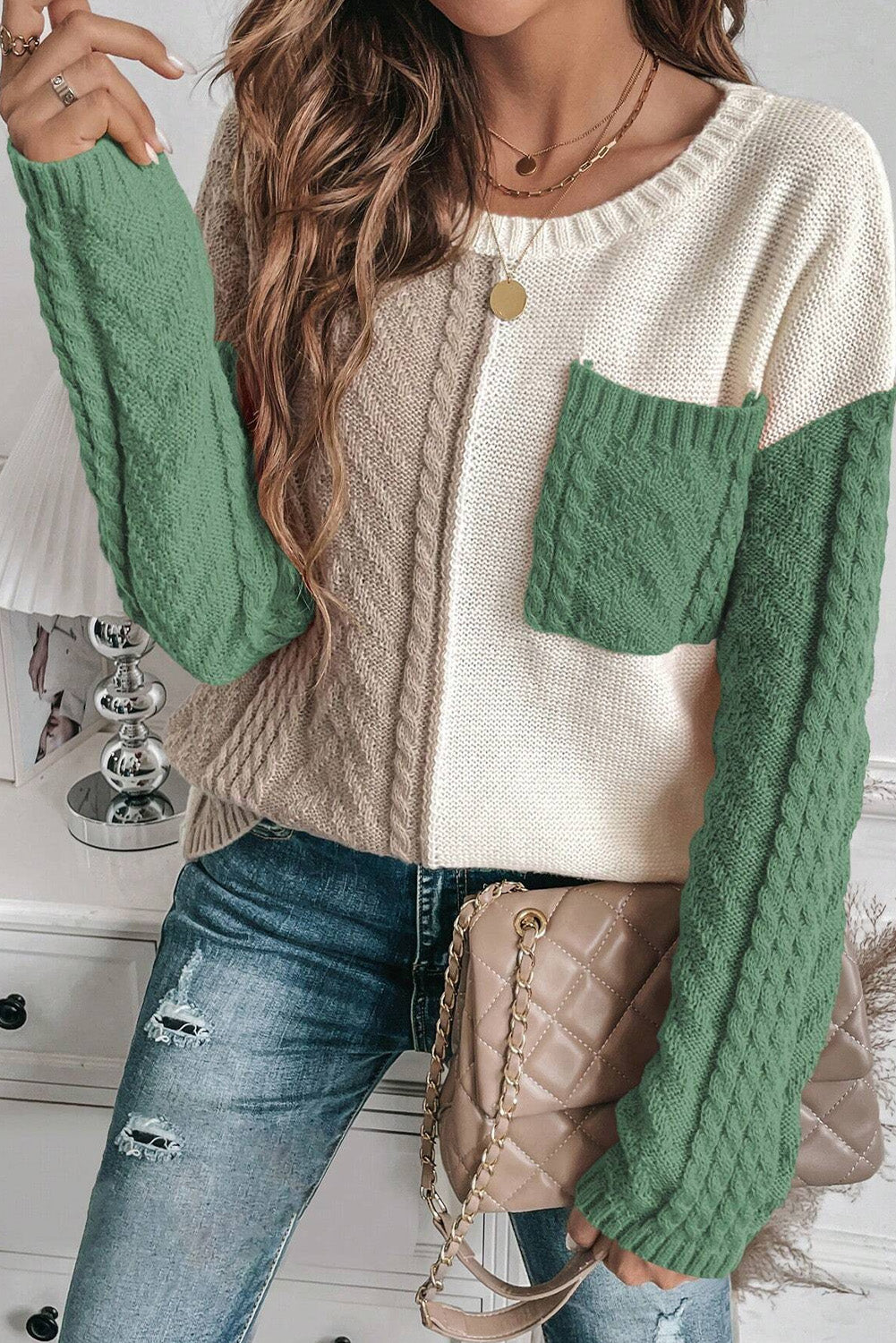 Colorblock Pocket Drop Shoulder Sweater