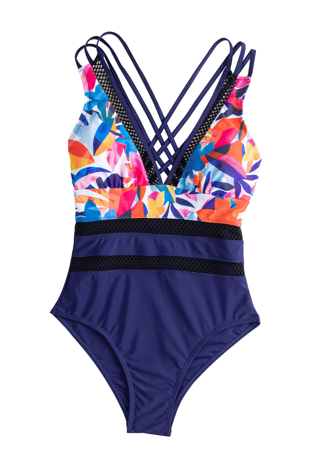 Blue Floral Leopard Splicing Color Block Mesh One Piece Swimsuit