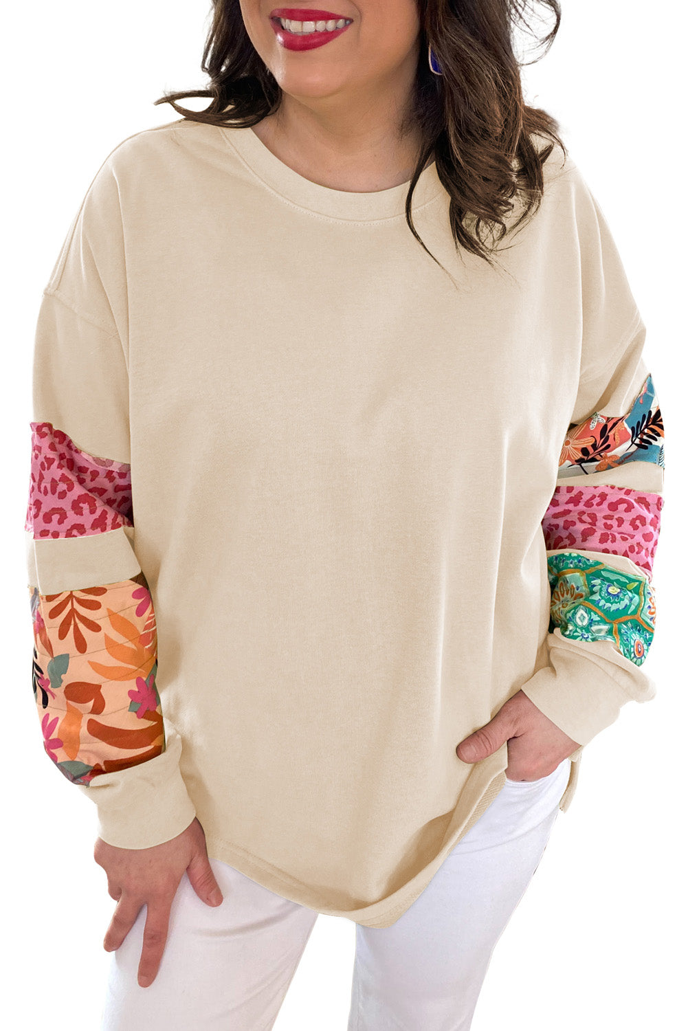 Leopard Patchwork Sleeve Split Plus Sweatshirt