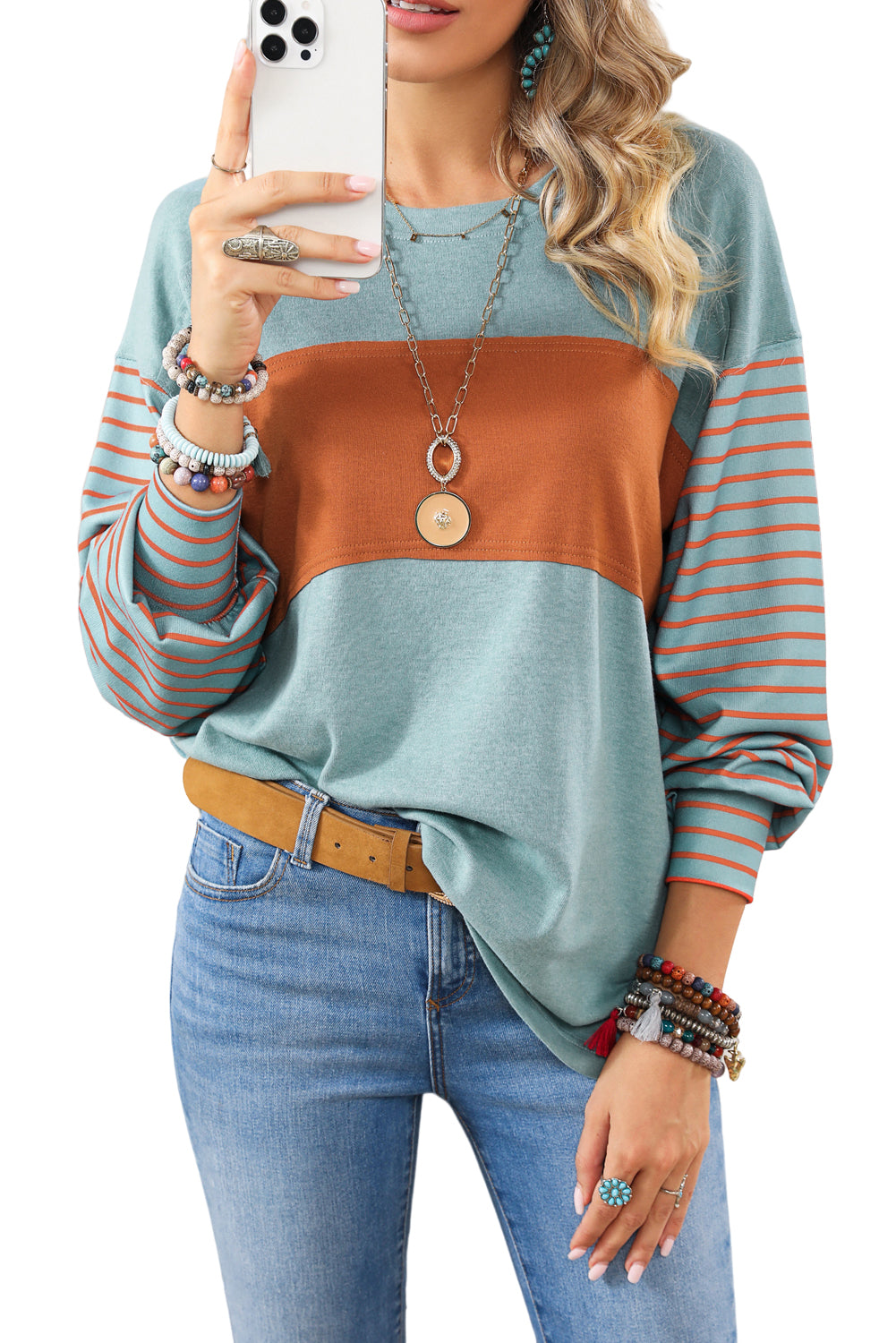 Colorblock Striped Bishop Sleeve Top