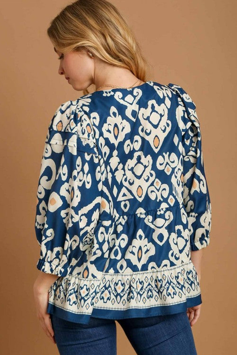 Blue Ethnic Print 3/4 Sleeve Flowy Blouse