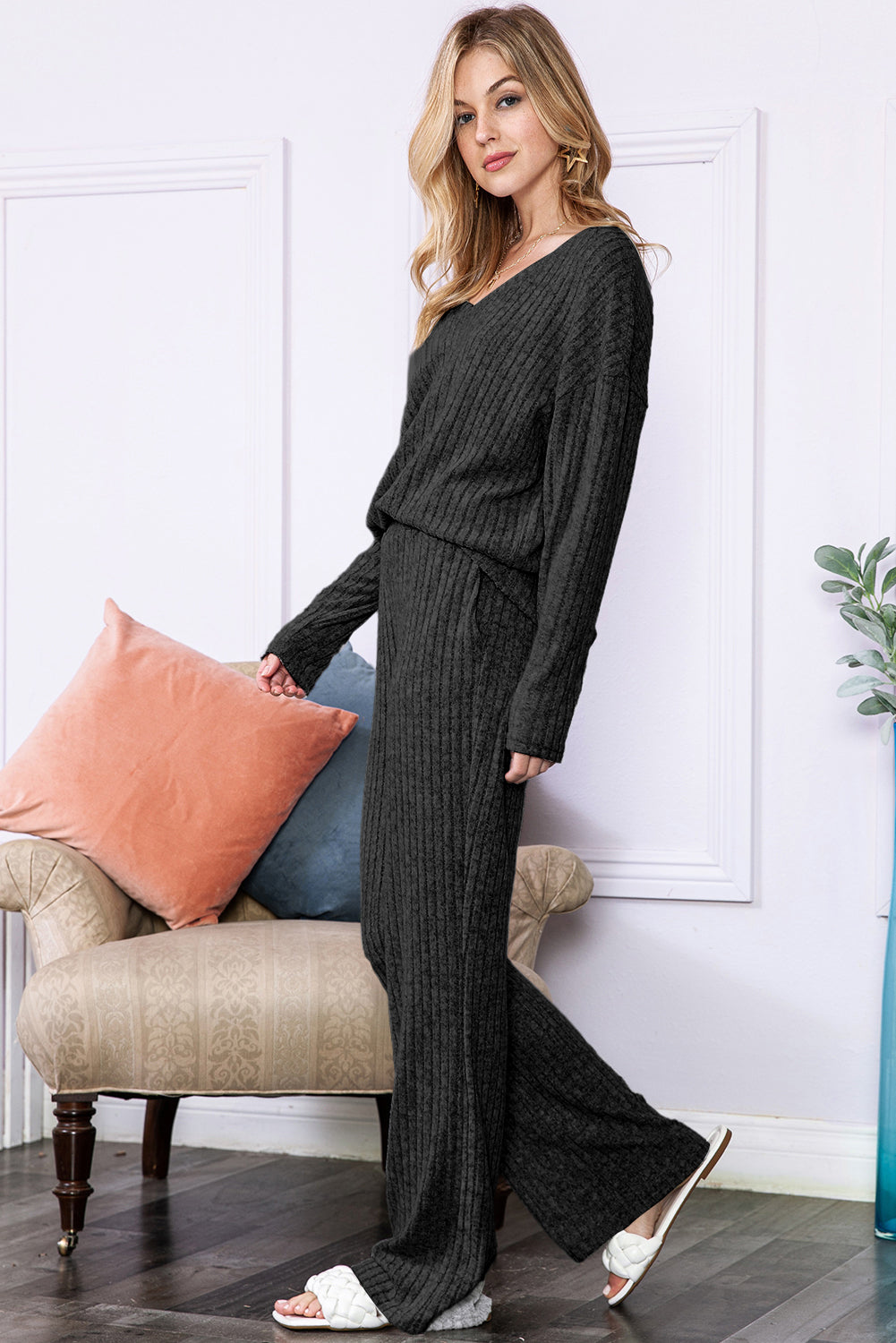 Slouchy Ribbed Knit V Neck Top & Pants Loungewear Set