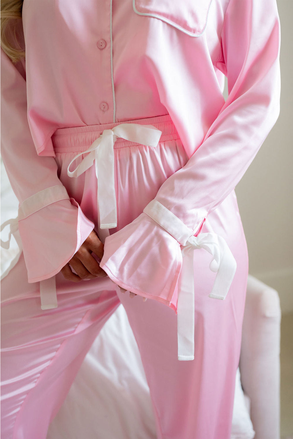 Light Pink Satin Shirt and Ruffle Hem Pants Pyjama Set