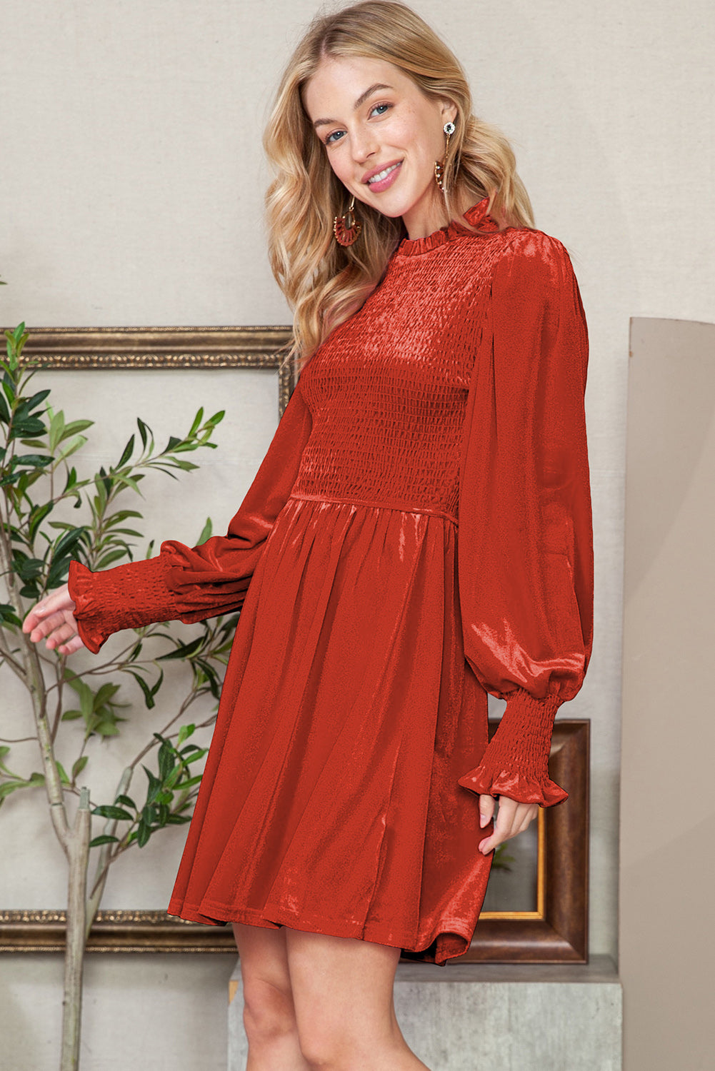 Smocked Lantern Sleeve Frilled Velvet Dress