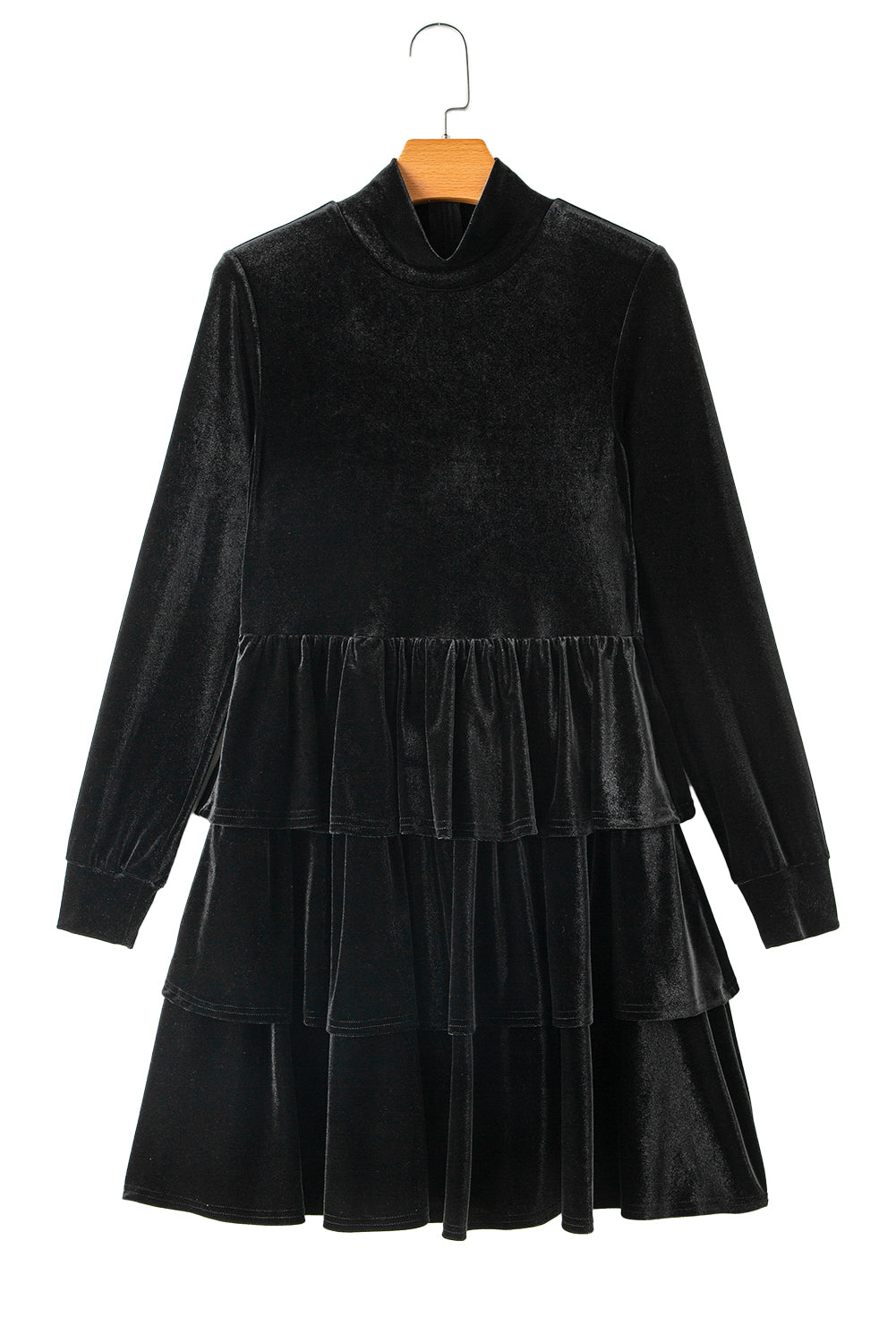 Velvet High Neck Tiered Ruffle Mini Dress