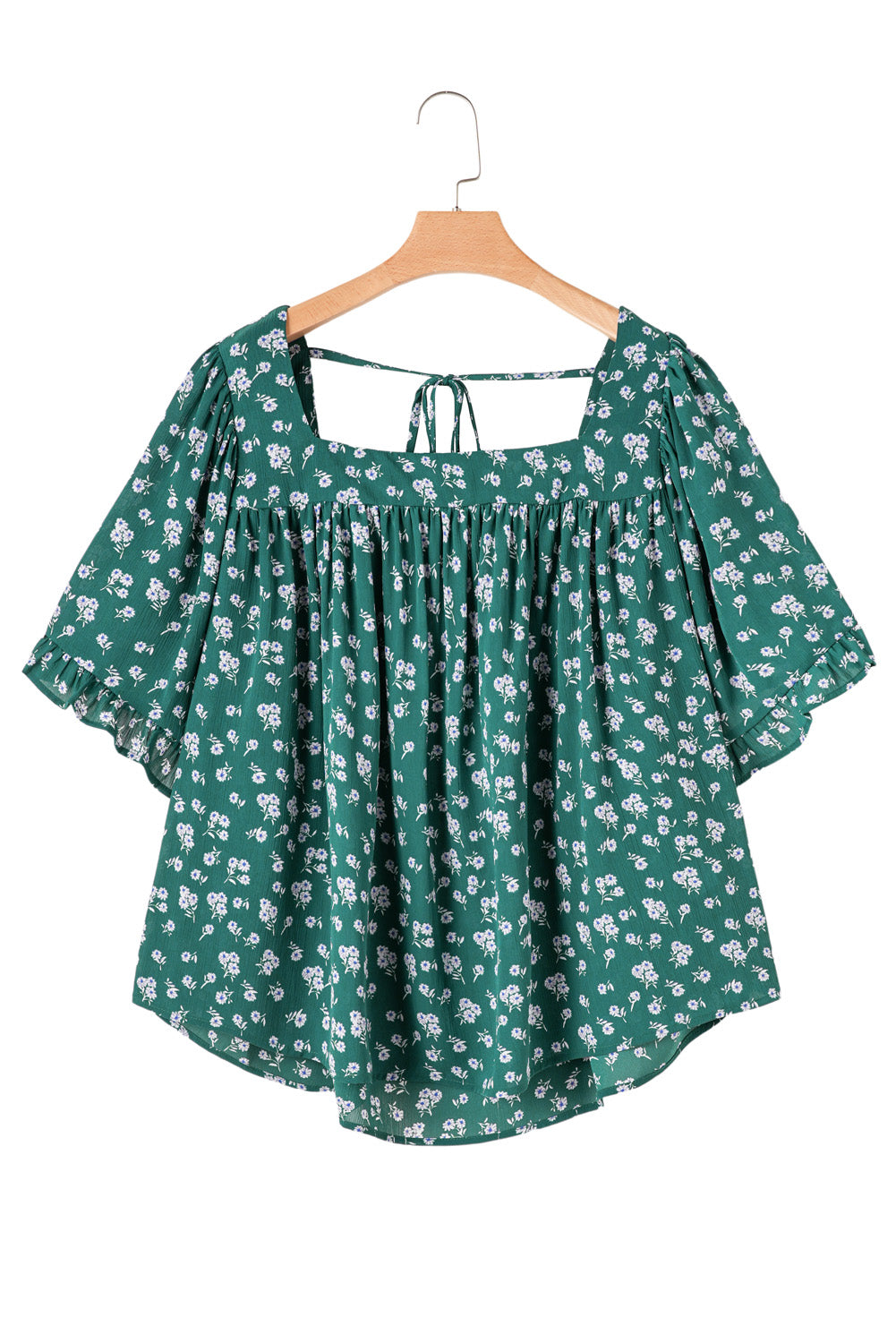 Green Floral Print Square Neck Ruffle Trim Plus Size Blouse