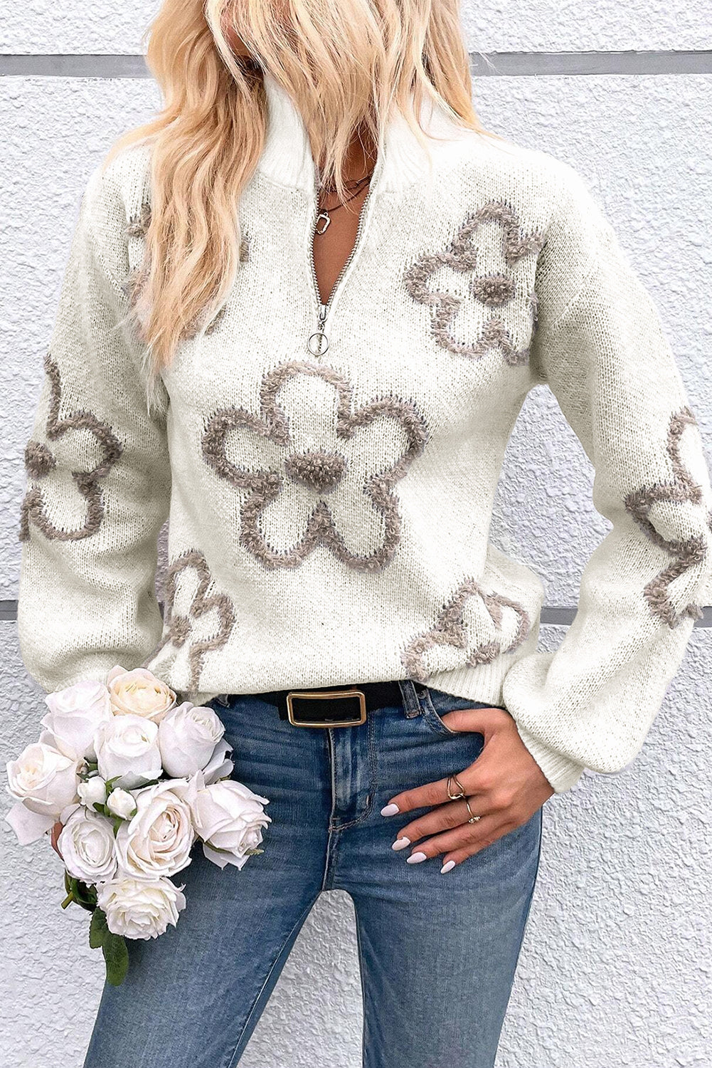 White 60s Flower Half Zipper Stand Neck Sweater