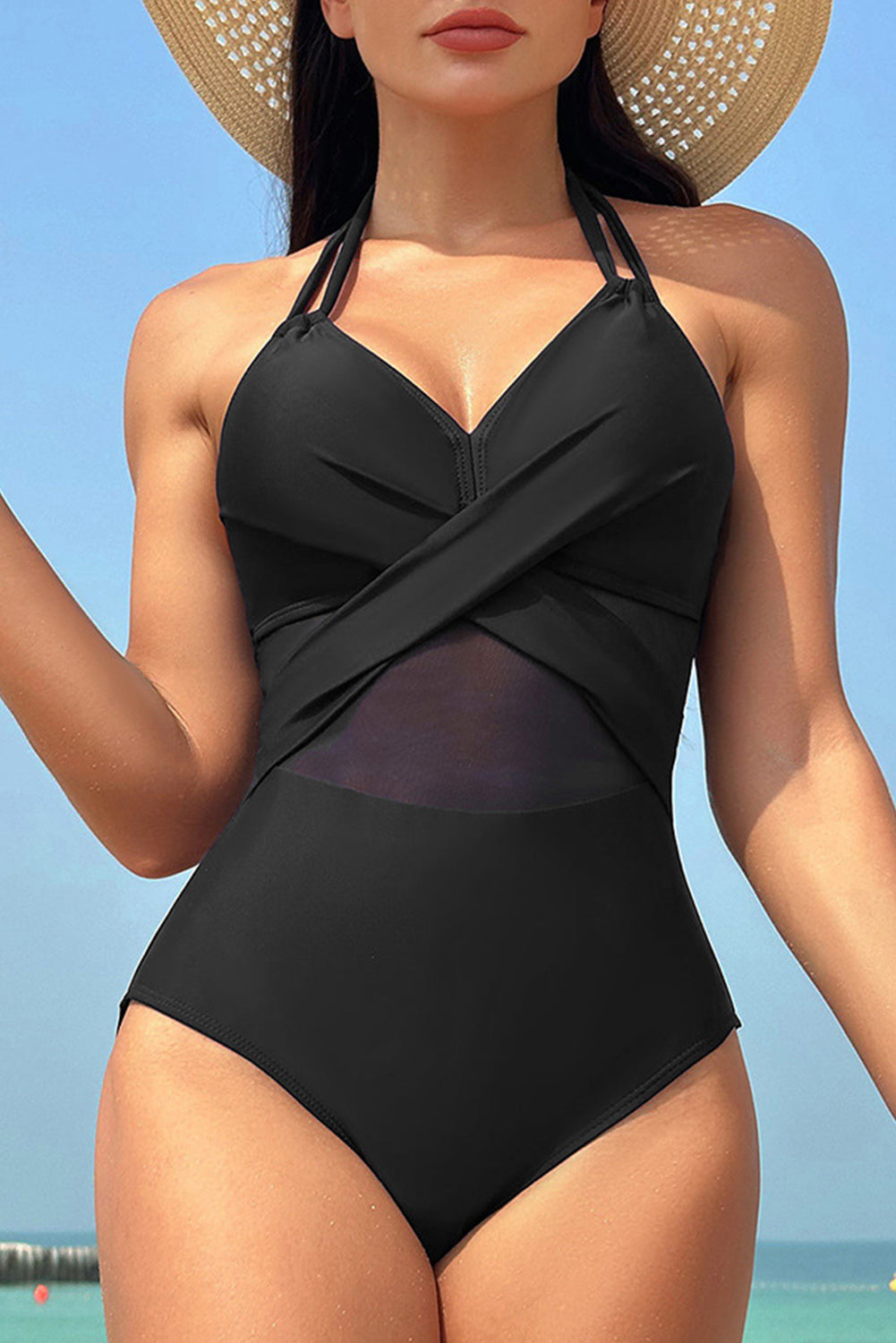 Black Halter Mesh Insert Cross Front One Piece Swimsuit