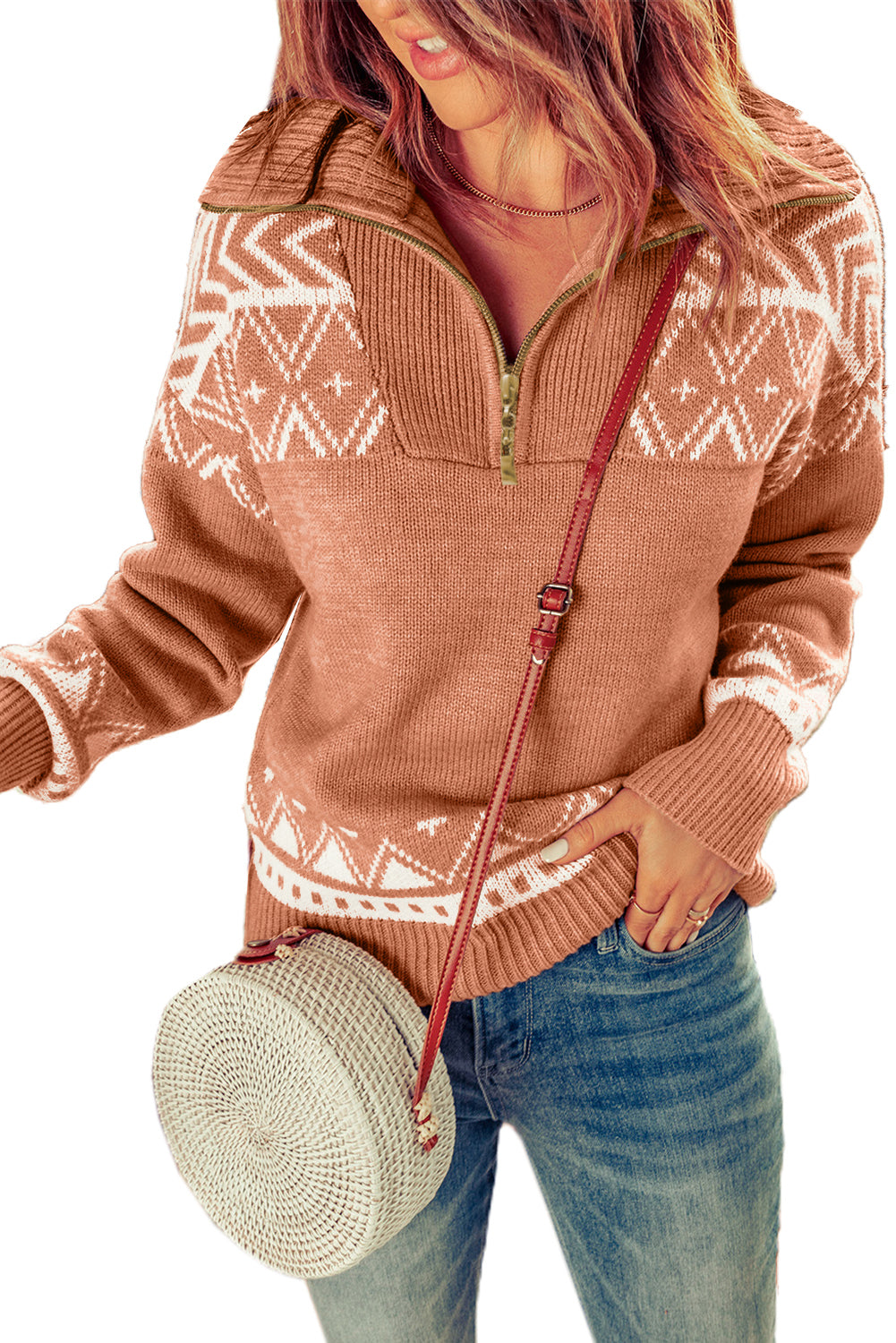 Pink Casual Geometric Knit Quarter Zip Sweater