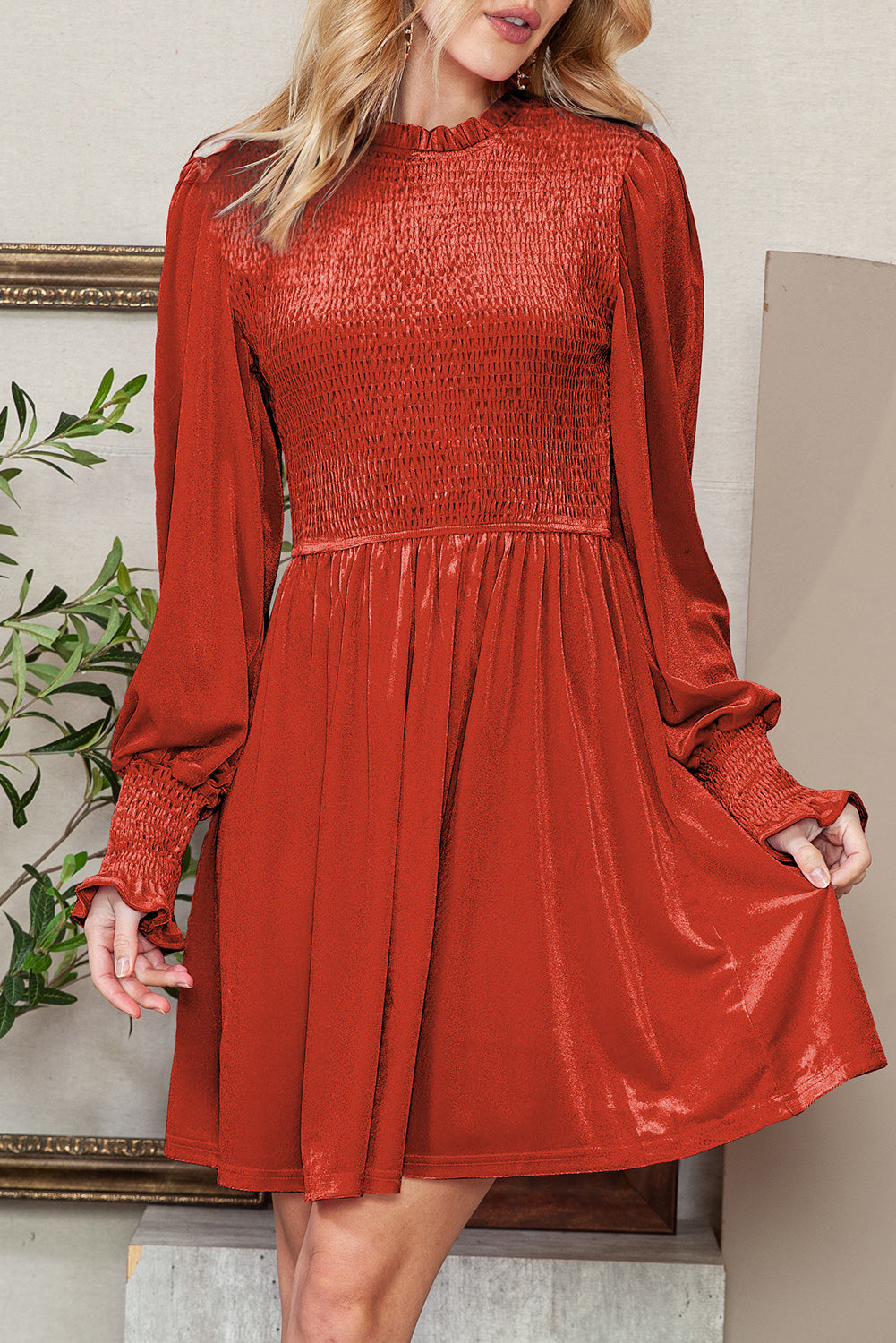 Smocked Lantern Sleeve Frilled Velvet Dress