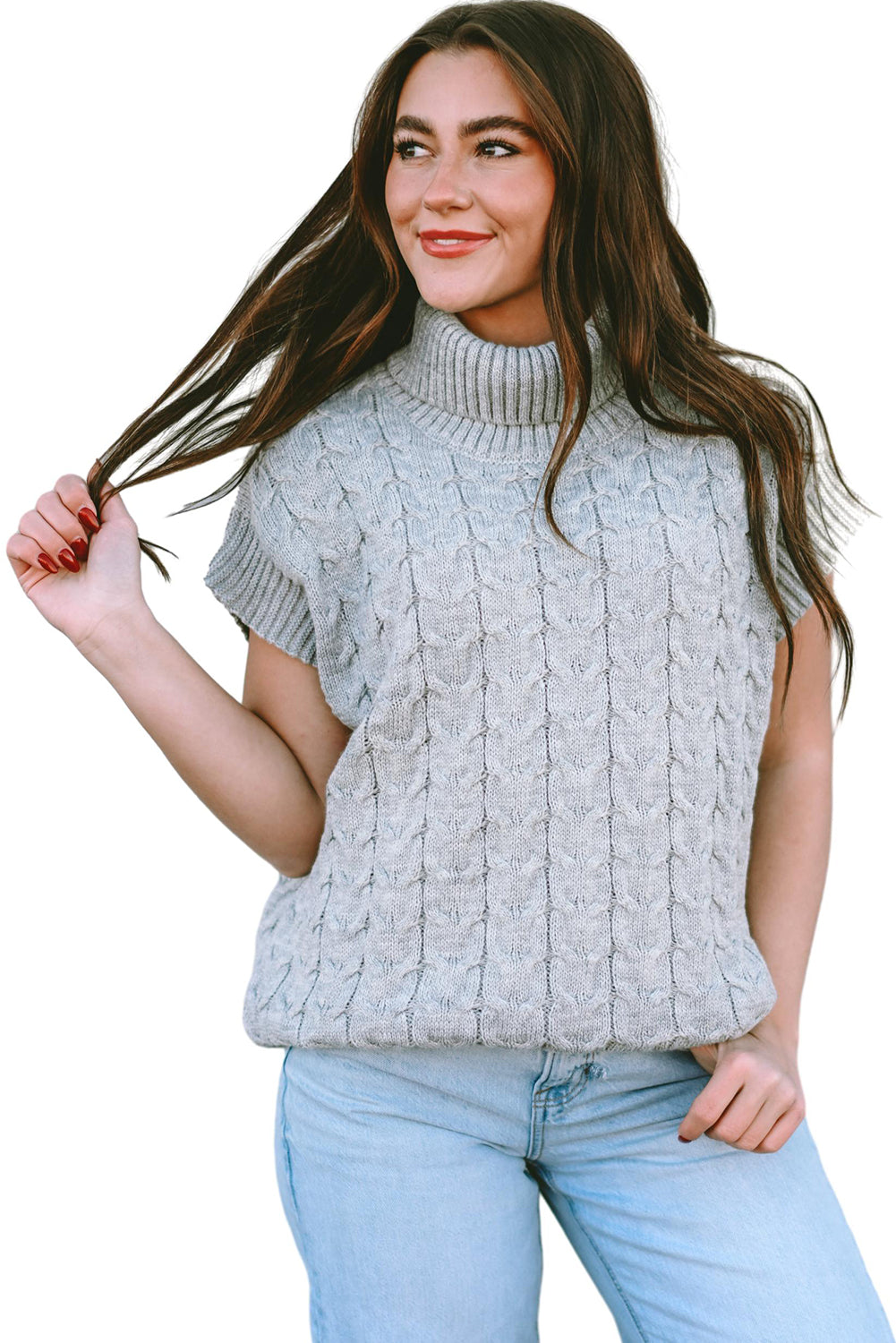 Medium Grey Cable Knit Turtleneck Short Dolman Sleeve Sweater