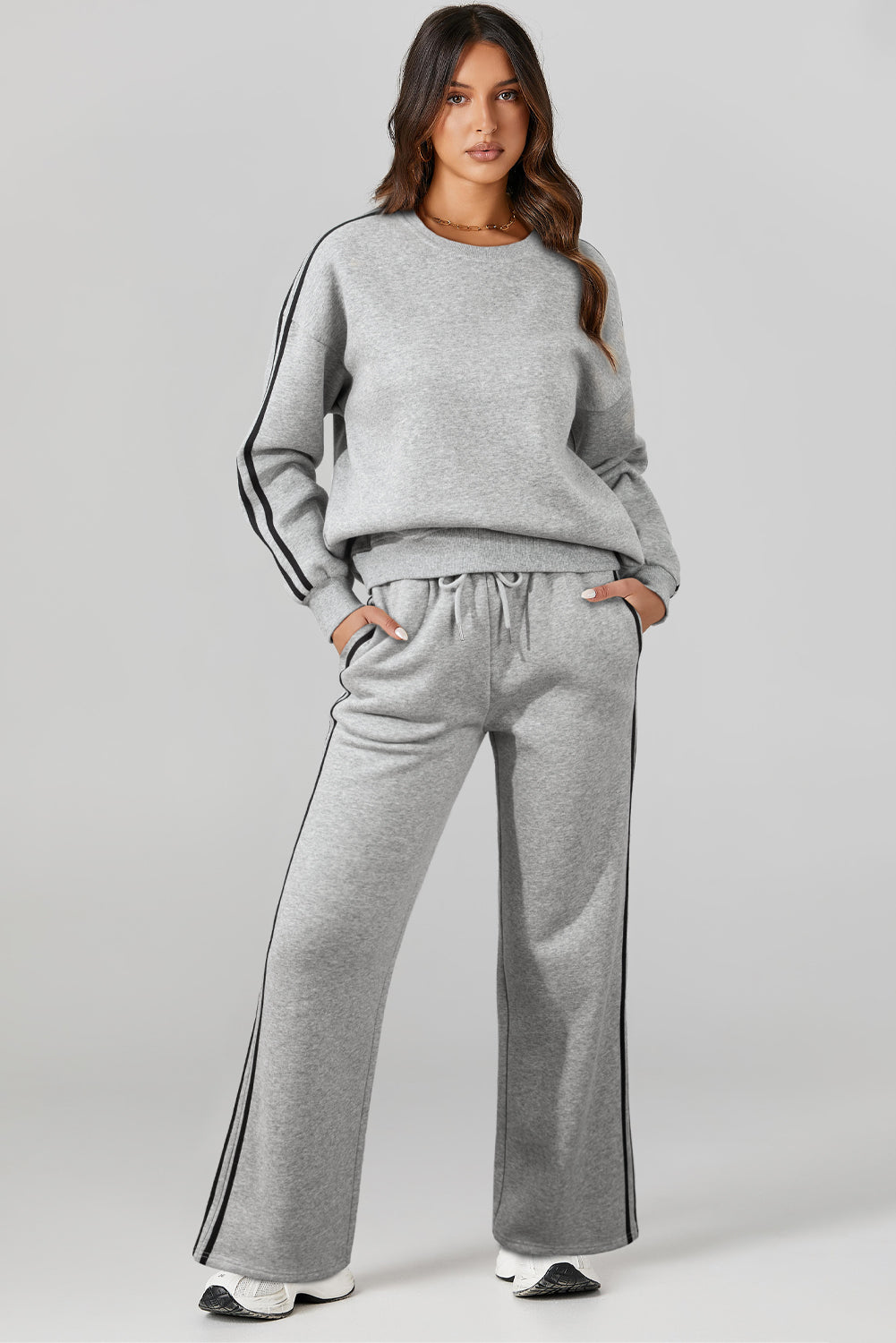 Light Grey Solid Colour Side Striped Sweatshirt Pants Set