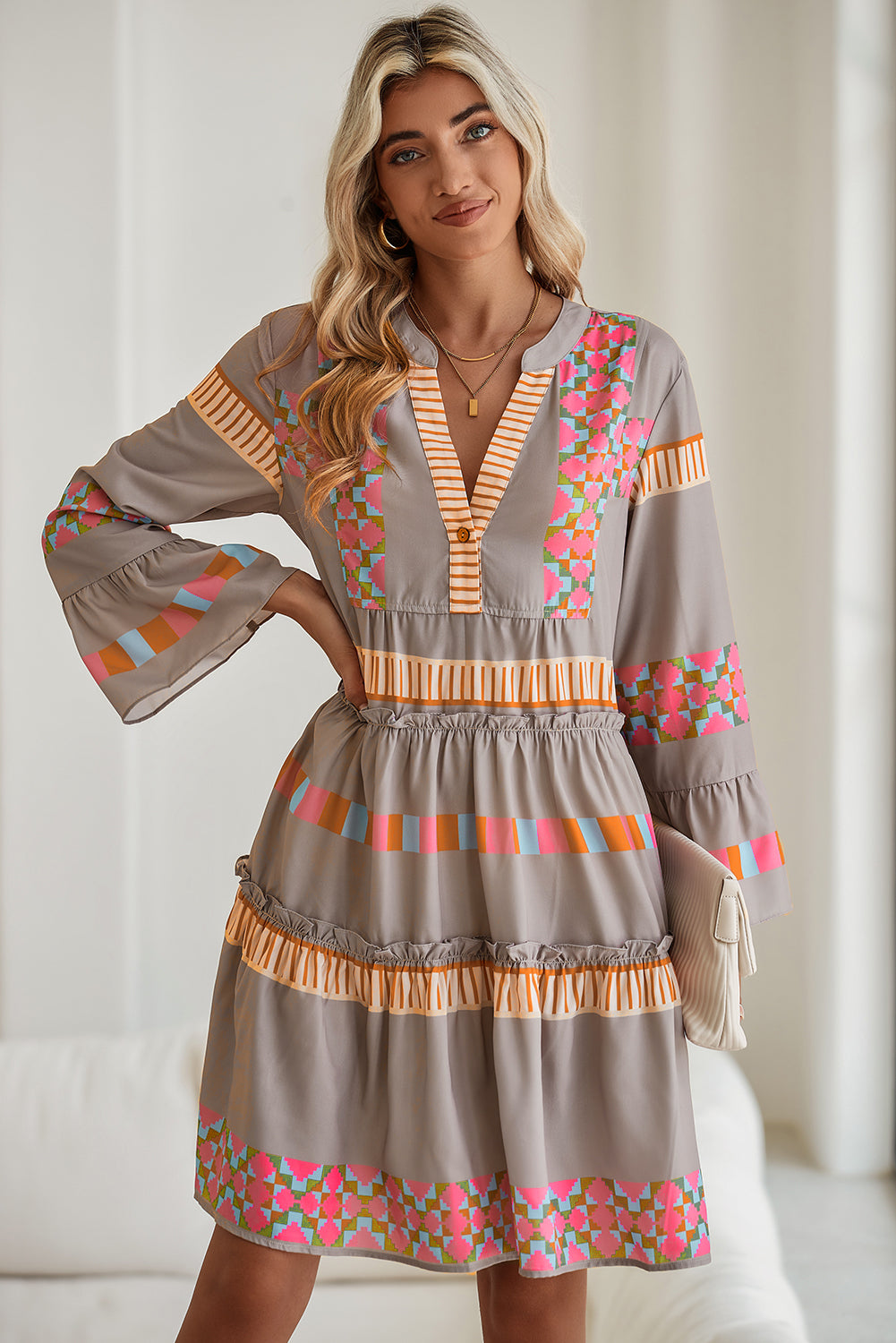 Simply Ethnic Geometric Print Ruffle Mini Dress