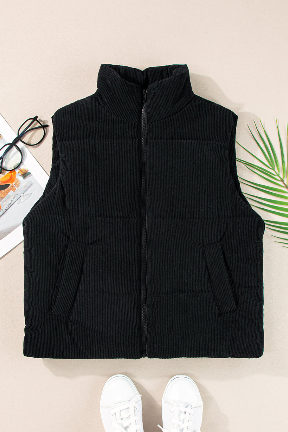 Black Solid Colour Corduroy Puffer Vest Coat