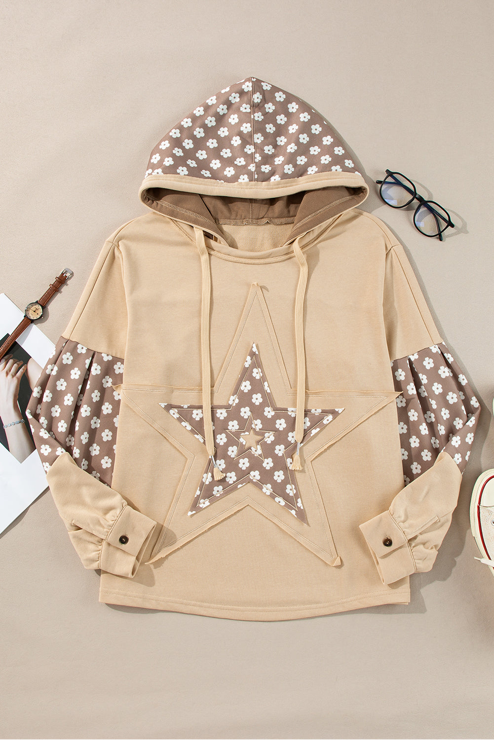 Floral Patchwork Star Pattern Drawstring Hoodie