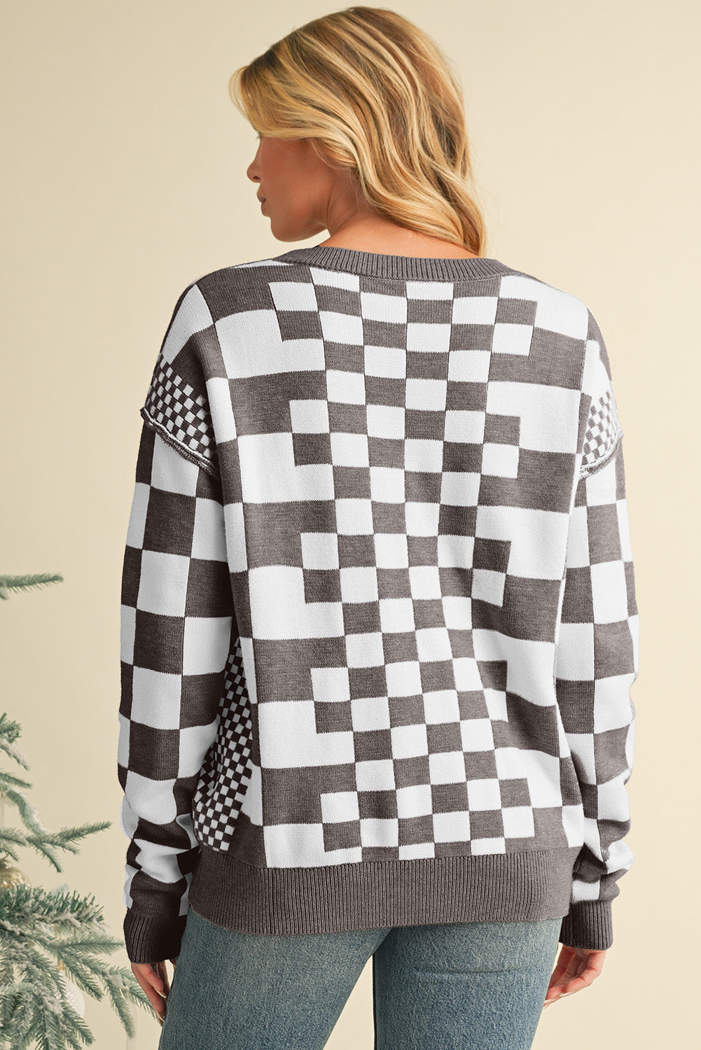 Checkered Drop Shoulder Round Neck Sweater