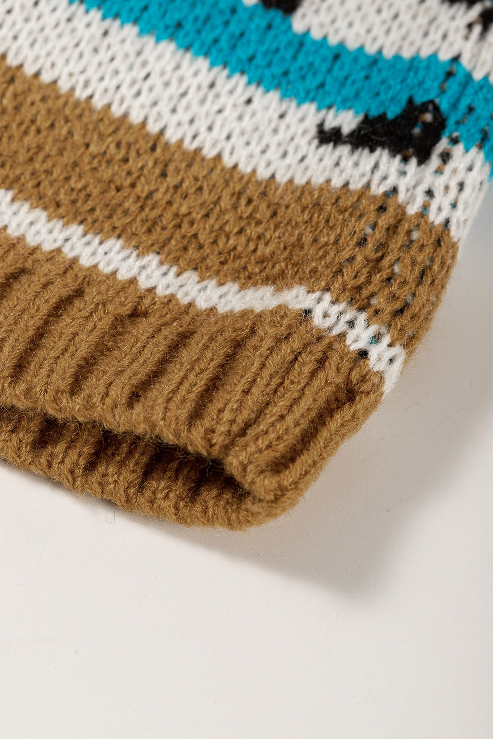 Brown Geometric Striped Knit Ribbed Trim Sweater