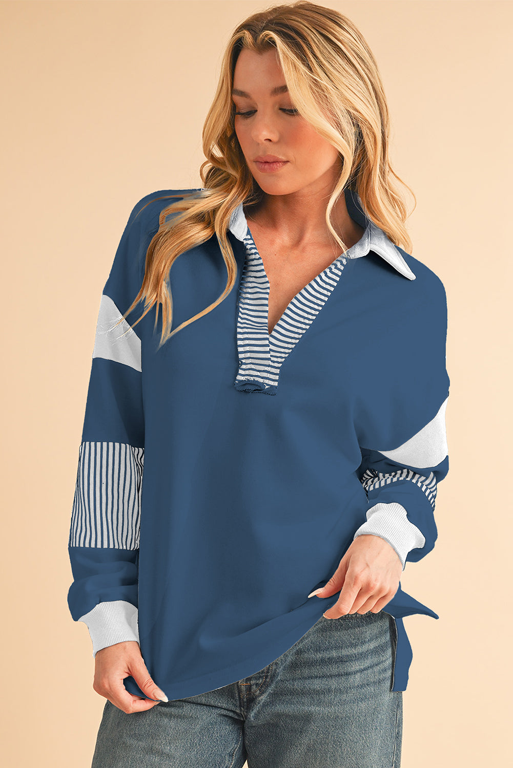 Striped Patchwork Collar Sweatshirt