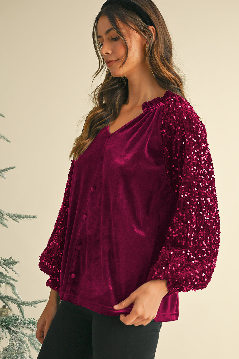 Velvet Sequin Patchwork Sleeve Button Up Blouse