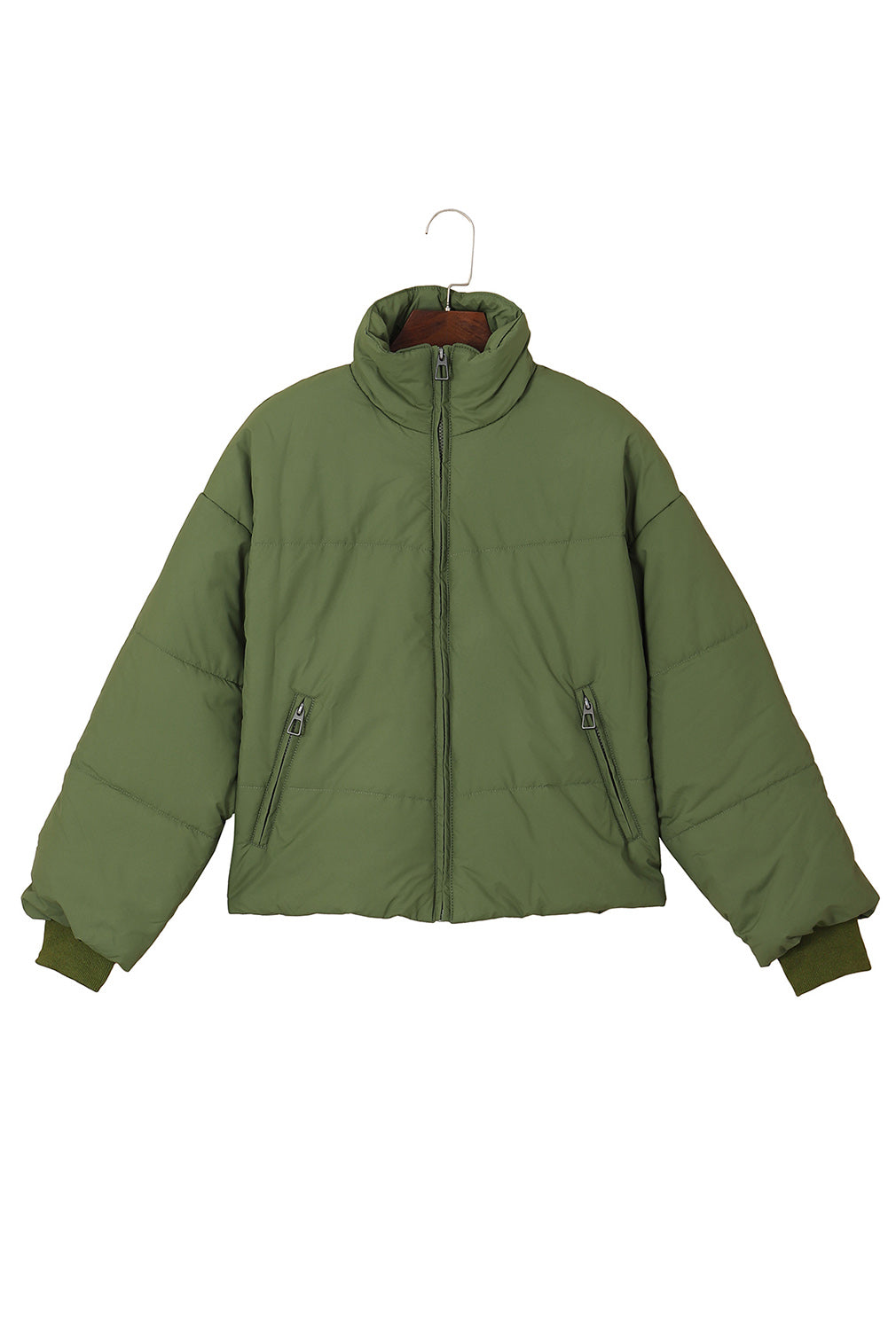 Solid Zip Up Pocketed Puffer Coat