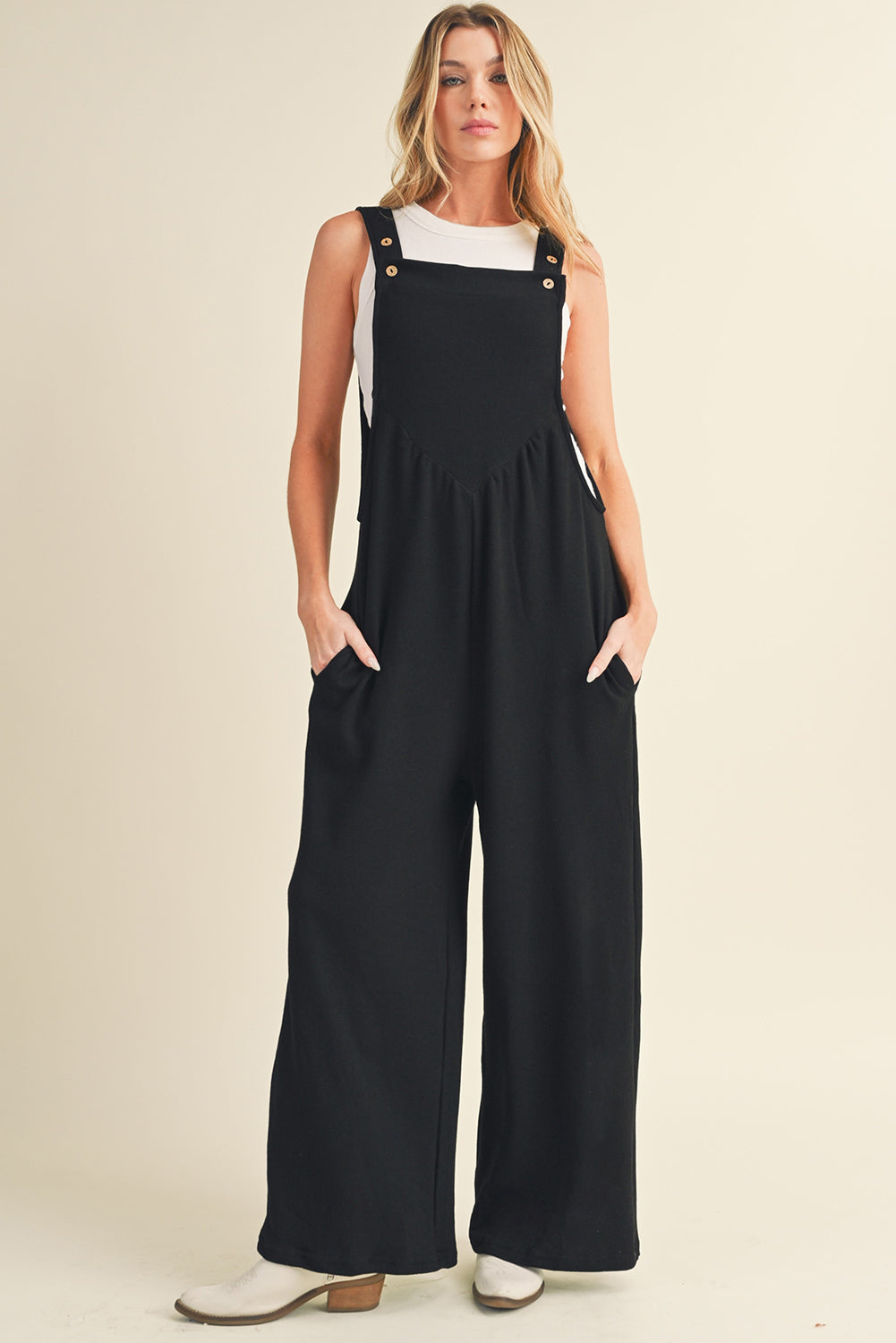 Buttoned Straps Ruched Wide Leg Jumpsuit