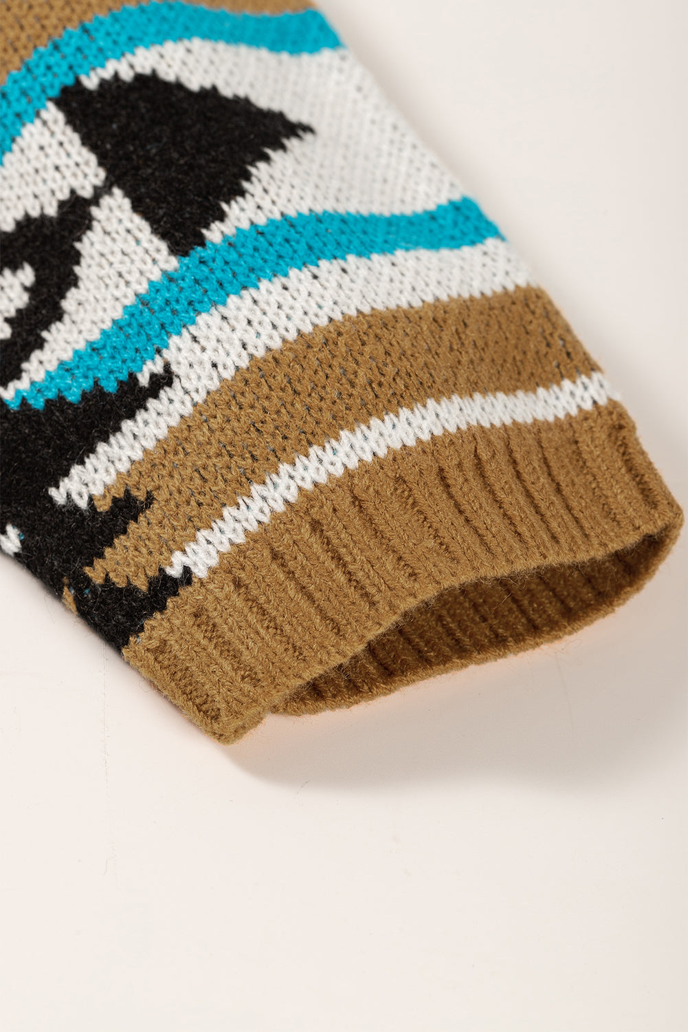 Brown Geometric Striped Knit Ribbed Trim Sweater