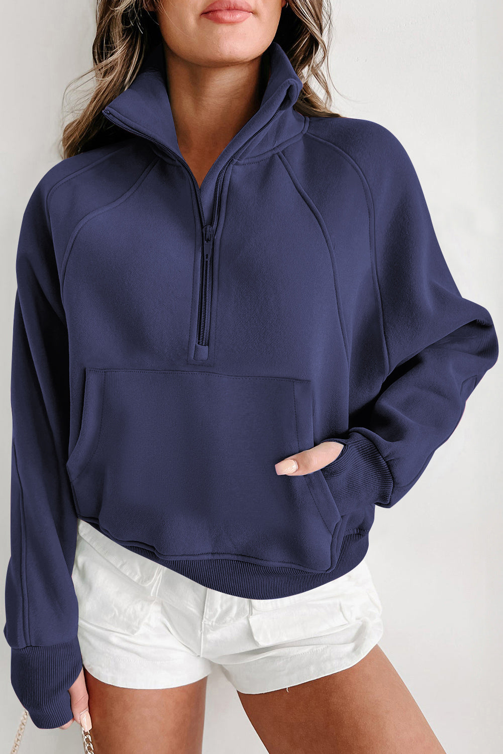 Zip Up Stand Collar Ribbed Thumbhole Sleeve Sweatshirt - 12 Colours Available