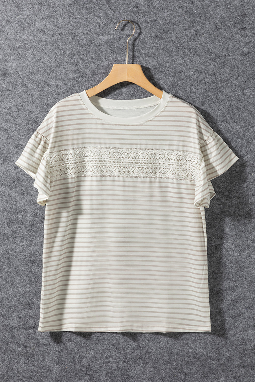 Apricot Striped Lace Splicing Ruffle Sleeve T-shirt