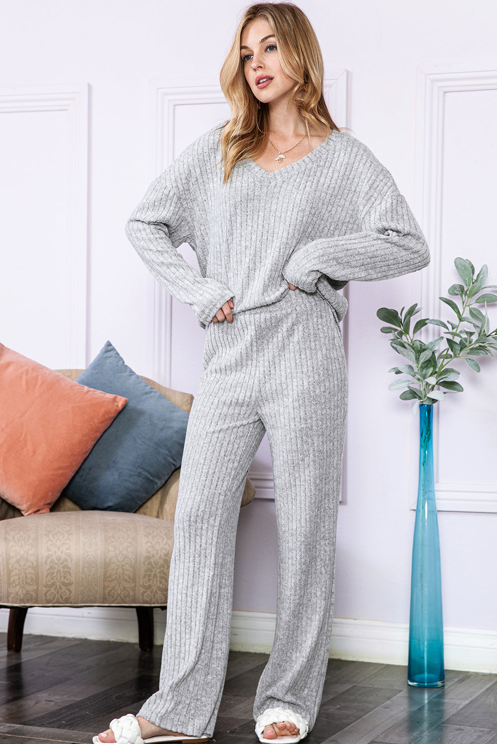 Slouchy Ribbed Knit V Neck Top & Pants Loungewear Set